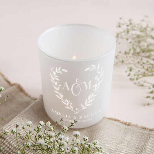 Personalised Wedding Tealight Holder with Soy Candles, Botanical Heart Design