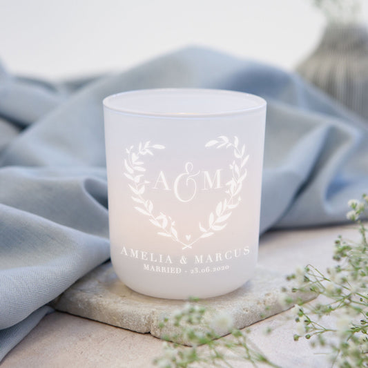 Personalised Wedding Tealight Holder with Soy Candles, Botanical Heart Design
